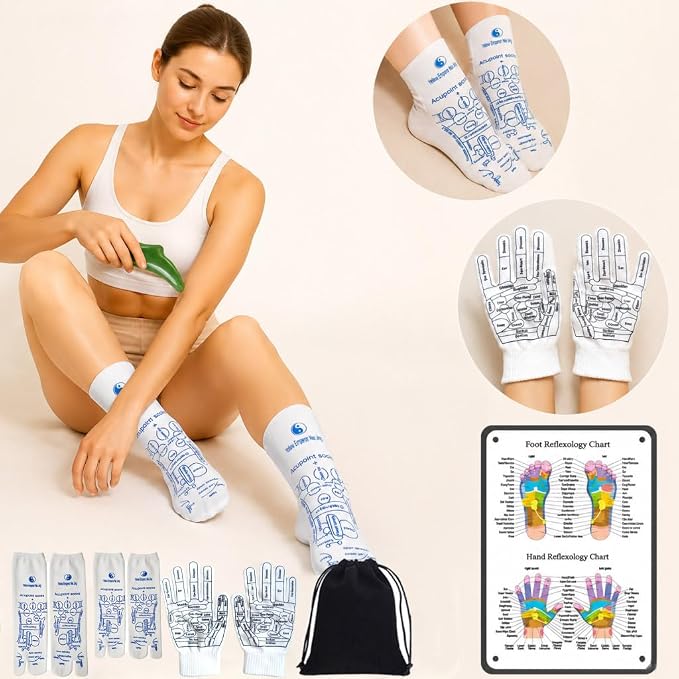 Reflexology Socks and Gloves Set with 8 Jade Massage Tools, 16 Pcs Acupressure Foot Massage Socks for Women & Men, Professional Foot Relief Massager Kit with Reflexology Chart & Bag