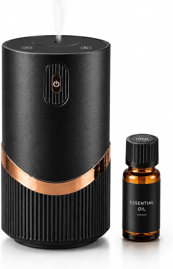 Waterless Essential Oil Diffuser, Mini Scent Air Machine Portable Diffuser for Home Car Office, Battery Operated Aromatherapy Diffuser with 10mL Hotel Scent Fragrance Oil, Timer & 4 Mist Levels, Black