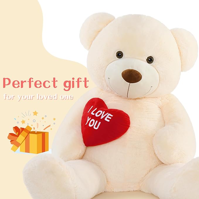 Red Heart Giant Teddy Bear 6ft, Big Teddy Bear Stuffed Animals with Embroidered I Love You for Girlfriend Christmas Birthday, Huge Valentines Teddy Bear Gifts (White, 72 inches)