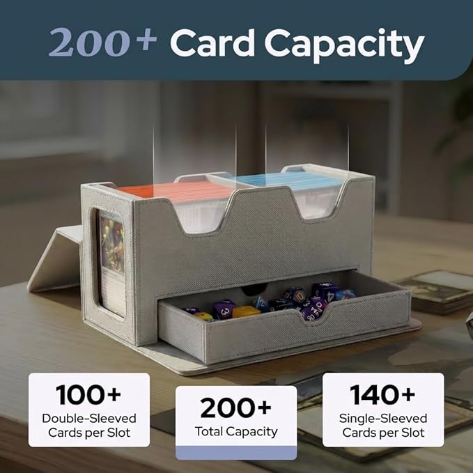 Card Deck Box Fits 200+ Double Sleeved，Commander Deck Box for Magic the Gathering with Dice Tray & Toploader Display,2 Dividers