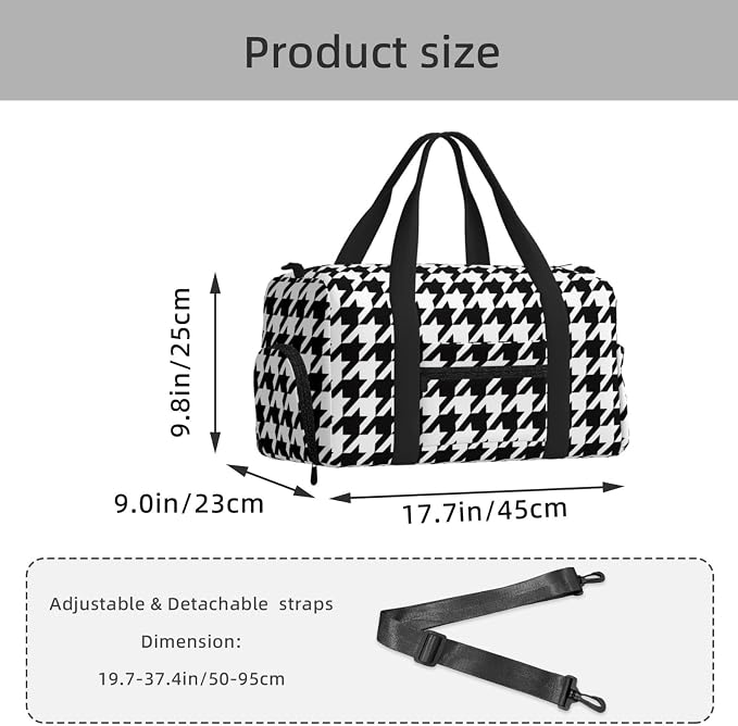 Fiokroo Sports Gym Bag Black And White Houndstooth Travel Duffel Bag For Men Women With Shoe Compartment Water Resistant Gym Bag Carry On Duffel Bag For Weekend Traveling Yoga Gym Sports