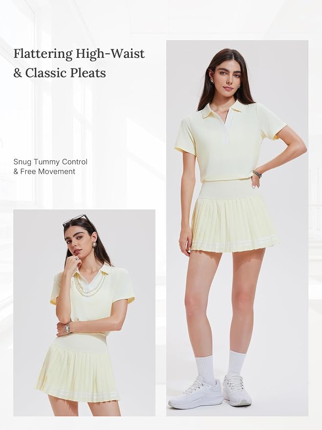 Women 2 Piece Tennis Skirt Set Pleated Golf Outfit, Polo V-Neck Athletic Dress Alternative Skort Set for Pickleball Pockets