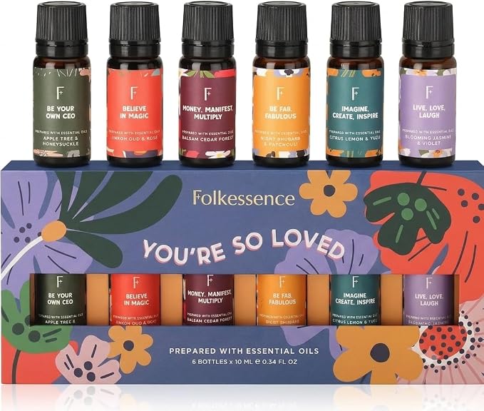 Folkulture Floral Essential Oils Set | 6 Fragrance Oils Set for Diffusers | Rose, Jasmine & Patchouli | You’re So Loved Aromatherapy Gift Set for Her | Relaxing Home Scents