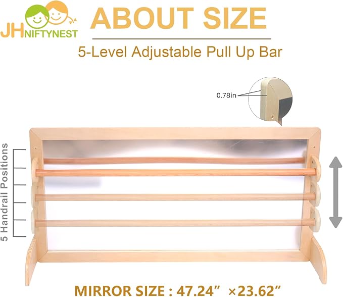 Infant Coordination Mirror Montessori Safety Pull up Bar Baby Mirror Acrylic Non-Glass Early Learning to Walk Mirror Upgrade Dual-Use with Base 47.24”