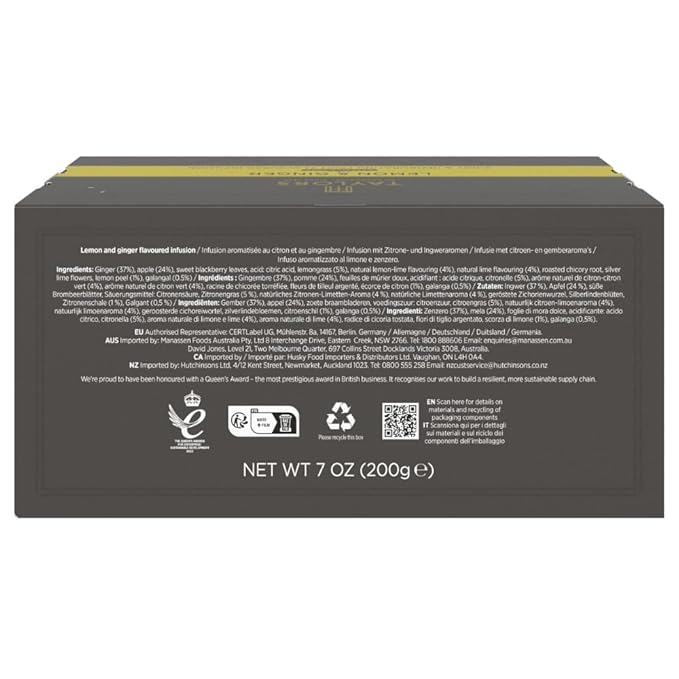 Taylors of Harrogate Lemon & Ginger, Herbal Tea, Individually Wrapped Bags, 100 Count (Pack of 1), Cleansing, Invigorating and Citrussy, Caffeine-Free, Enjoy Hot or Iced, 100 Teabags