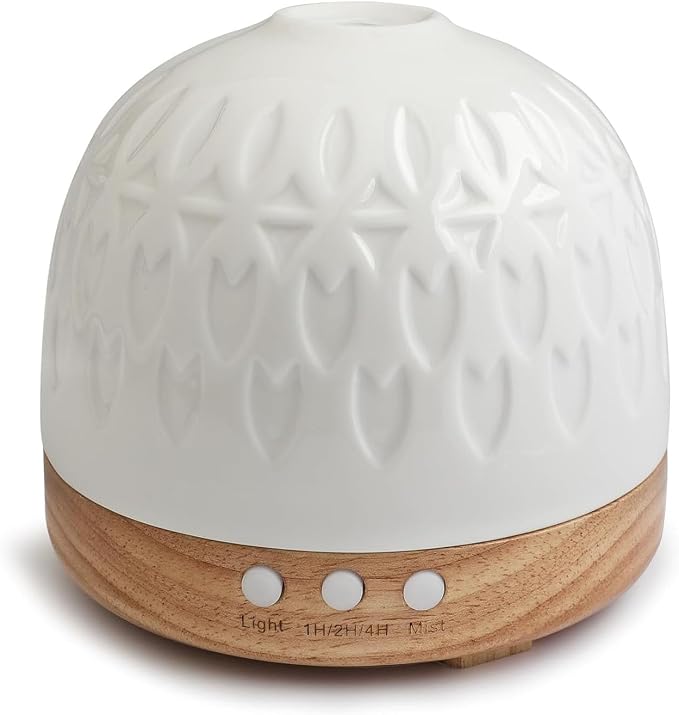 Ceramic Diffuser - 300ML Essential Oil Diffuser,White Porcelain Design, Quiet Cool Mist, 4 Timer Modes, Auto Shut-Off, Night Light for Bedroom and Home