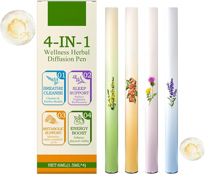Mullein Herbal Diffuser Pen, Natural Aromatherapy Air Inhaler Stick with Mullein Thyme Mint, Four Aroma Variety Set,Air Freshening, Relaxed Feelings, Portable Pocket Size (4 Pack)
