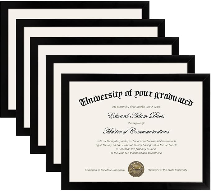 upsimples Certificate Frame, 8.5 by 11 Glass Diploma Frames, 5 Pack, Black | Displays 8.5x11 Document and Degree, Graduation Gift for Wall or Tabletop Decor, High-definition Glass