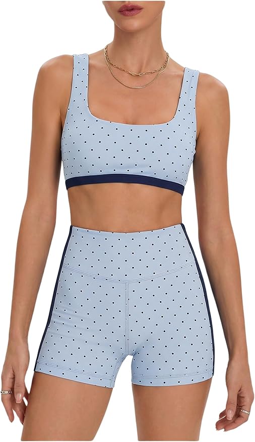 Milumia Women's Polka Dots Workout Set 2 Piece Color Block Bra Tank High Waisted Biker Shorts Layered Matching Yoga Outfit