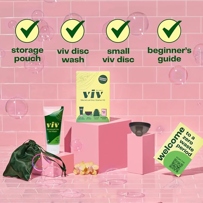 Viv For Your V Premium Soft Menstrual Disc Kit, Flexible Small Period Disc, Pull Tab Ring Easy Removal, Cleansing Gel Wash, Travel Pouch, Comfortable 12 Hour Wear, Reusable, Medical Grade Silicone
