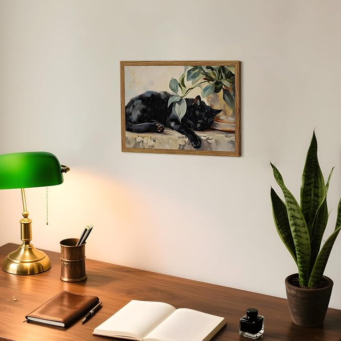 Framed Black Cat Canvas Wall Art, Vintage Sleeping Cat with Plant Picture Wall Decor Paintings, Cute Animal Poster Prints Rustic Aesthetic Home Decor for Living room Bedroom Bathroom 8x10 inch
