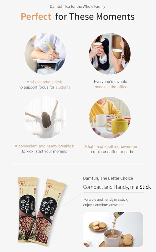 Damtuh Walnut Almond Adlay Tea Zero Sugar Drink Mix – Korean Yulmu Cha (Job’s Tears) Roasted Grain Nut Latte-Style Powder, Sweetened with Stevia, Caffeine-Free, 18g x 40 Sticks