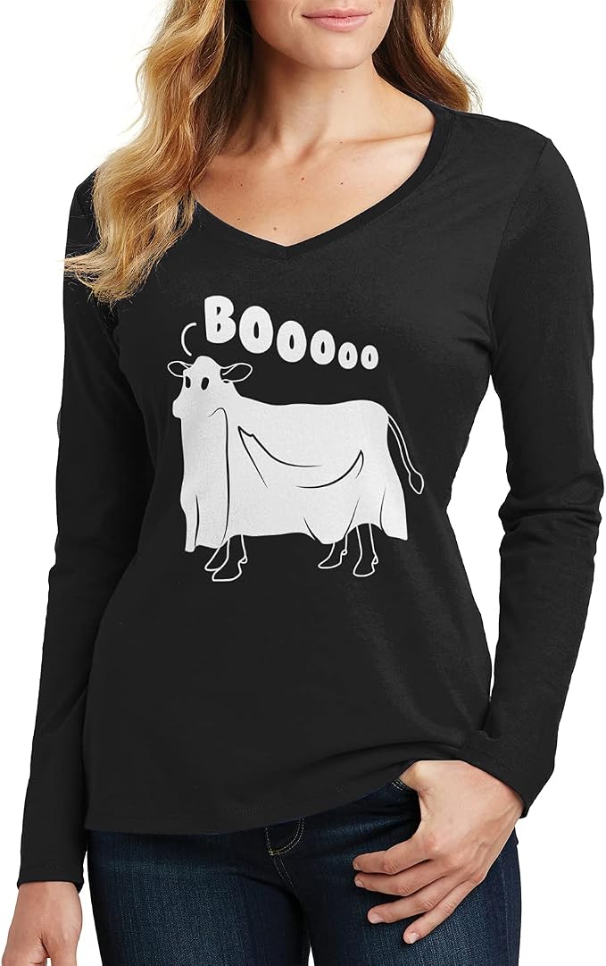 Threadrock Women's Cow Ghost Saying Moo Long Sleeve V-Neck T-Shirt