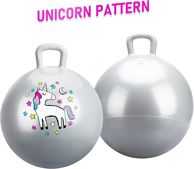 U&C Planet Hopper Ball 18 inches Bouncy Ball with Handle for Kids Age 3-6 Hoppity Hop Sit and Bounce Jumping Hopping with Pump and Gift Box Great Gift for Birthday Christmas, Silver
