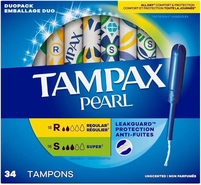 Tampax Pearl Tampons, Regular/Super Absorbency | Unscented | Leakguard Braid | 34 Count | Pack of 2