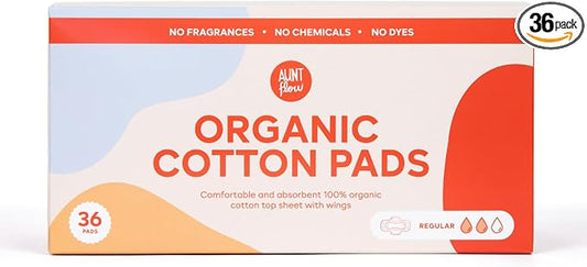 Aunt Flow Organic Cotton Pads with Wings - Regular Absorbency Menstrual Pads, Dioxin-Free, Hypoallergenic, 36 Count