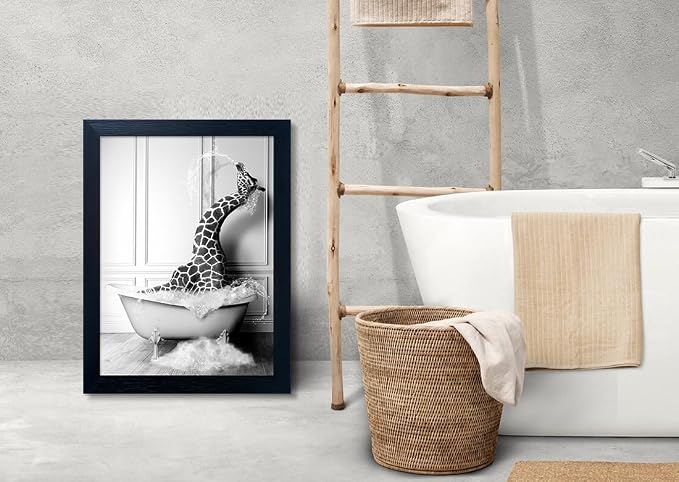 Black and White Bathroom Wall Art Funny Giraffe in Bathtub Wall Decor Framed Farmhouse Painting Animal Canvas Wall Art Bathroom Artwork