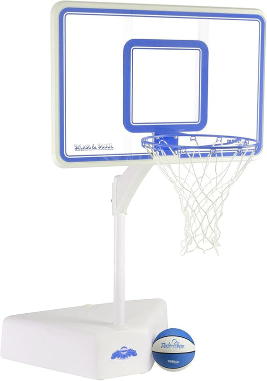 Dunn-Rite Splash & Shoot Clear Outdoor Adjustable Height Swimming Pool Basketball Hoop w/Ball, Base, & 18 Inch Stainless Steel Rim, Blue