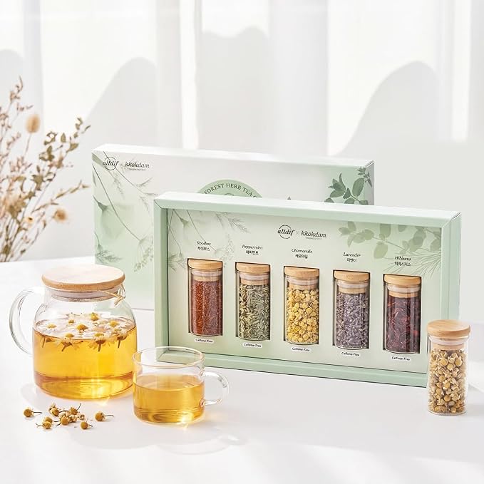 KKOKDAM Lovely Forest Herb Tea Gift Set - 5 Caffeine-Free Loose Leaf Teas in Glass Jars (Rooibos, Peppermint, Chamomile, Lavender, Hibiscus) - Korean Tea Gift Box 0.88oz