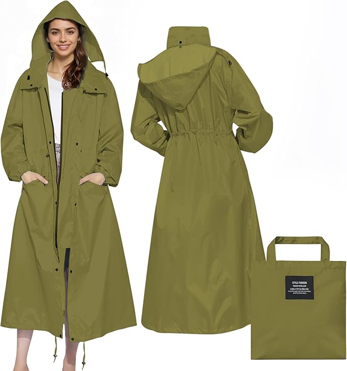 LAMA Womens Long Raincoats Rain Jacket Waterproof Packable Hooded Windbreaker Lightweight Adjustable Waist for Outdoor