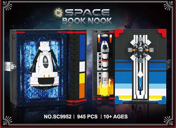 HOGOKIDS Magic Space Book Nook Building Set with LED Light, 945PCS Book Nook Building Block Sets for Bookshelf Home Decor, DIY Miniature Book Model Craft Kit, Christmas Birthday Gifts for Adults Teens