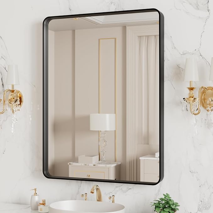 LOAAO 20X16 Inch Black Bathroom Mirror Metal Framed | Matte Black, Rounded Rectangle, Anti-Rust, Hangs Horizontally or Vertically
