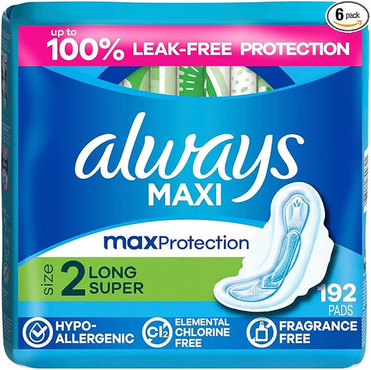 Always Maxi Feminine Pads with Wings for Women, Size 2, Long Super Absorbency, Unscented, 192 Count (6 Packs of 32)
