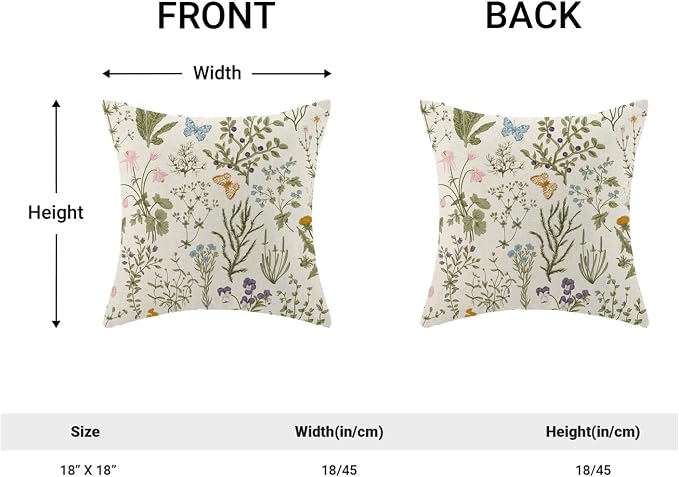 Spring Sage Green Wild Flower Pillow Covers 18x18 Set of 2 | Plant Throw Pillows Case Seasonal Floral Outdoor Decorative Linen Farmhouse Decor Cushion Covers for Home Sofa Bed Couch