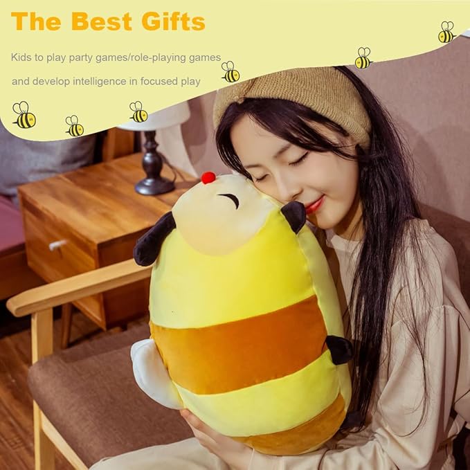 ELAINREN Cuddly Big Bee Plush Body Pillow Ultra-Soft Bumble Bee Stuffed Insect Toy Fluffy Garden Honeybee Plushie Cushion Decor Gifts/23.6''