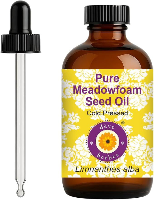 dève herbes Meadowfoam Oil (Limnanthes alba) with Glass Dropper | Cold Pressed | Pure | Natural | For Diluting Essential oils | Hair, Skin & Massage | Non-Sticky| Lightweight| Unisex | 120ml (4 oz)