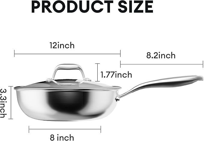 COOKER KING 12" Hybrid Wok Pan with Lid, Nonstick Deep Skillet for Stir-Fry | Non-Toxic Coating, Dishwasher & Oven Safe, Induction Ready, Stay-Cool Handle, 3-Ply Stainless Steel Clad for Fast Heat