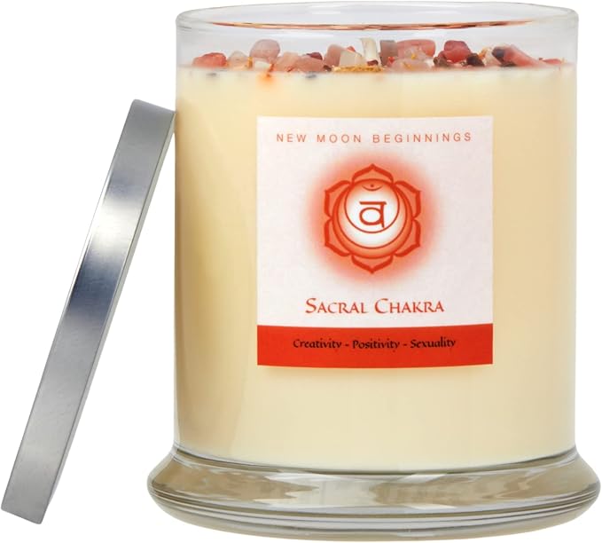 Sacral Chakra Candle by New Moon Beginnings - Chakra Candles - Dried Flower, Herb, & Crystal Candles - Aromatherapy Candles - Soy Candle - 12oz Glass Jar
