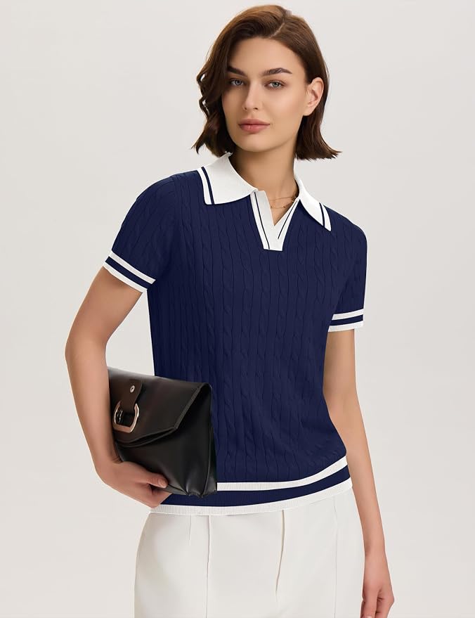 Micoson Womens Short Sleeve Sweater Tops Lapel V Neck Polo Shirts 2026 | Summer Cable Knit Loose Blouses, Business Casual Outfits