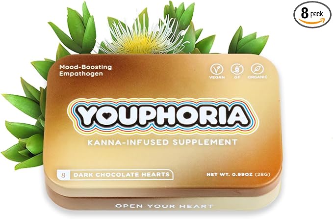 Youphoria Dark Chocolate Hearts, 600mg Kanna Supplement with L-Theanine for Relaxation, Organic, 8 Count