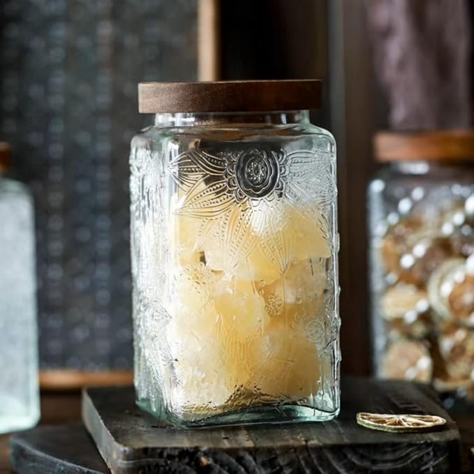 Square Glass Jar with Lid, 34oz Airtight Coffee Canister | Coffee Grounds Container, Glass Food Storage Container for Candy, Tea, Sugar, Decorative Mason Jar
