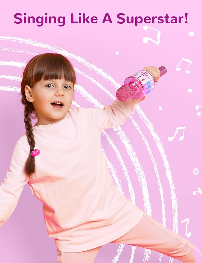 Amazmic Toys for Girls, Kids Karaoke Microphone Toddler Microphone for Kids with Lights, for Girls, Birthday Party Boys Toy Age 3 4 5 6 7 8+(Light Pink)