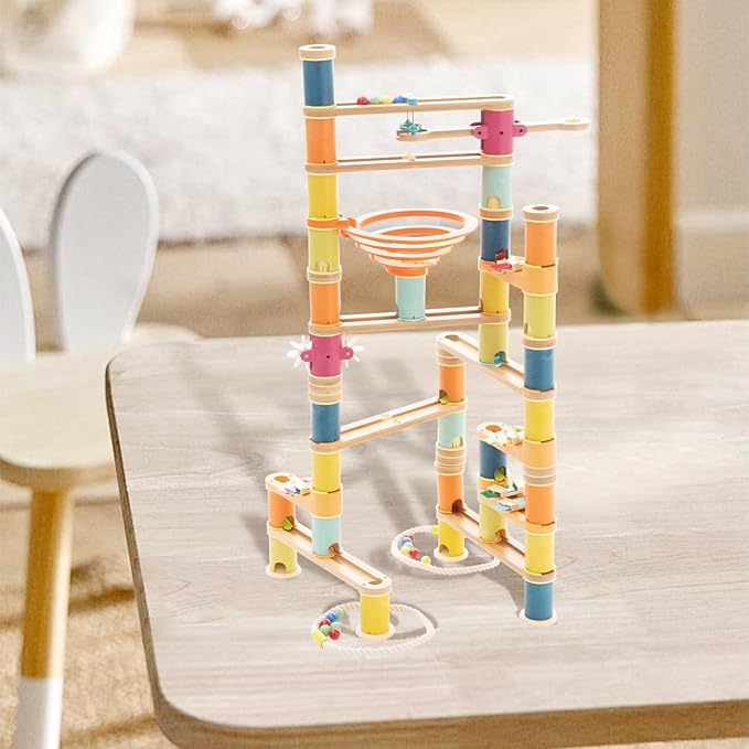 Marble Runs Building Toy 146pcs, Bamboo Construction Toy Set with Ball, Simple Maze Toy with Music Suitable for Age 4+ Children