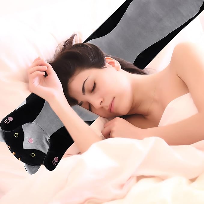 shangman Lovely Plush Cat Doll - Cute Cartoon Soft Stuffed Kitten Pillow, Long Throw Sleeping Pillow, Valentine’s Day Gift for Kids & Girlfriend (Black, 150cm/59in)
