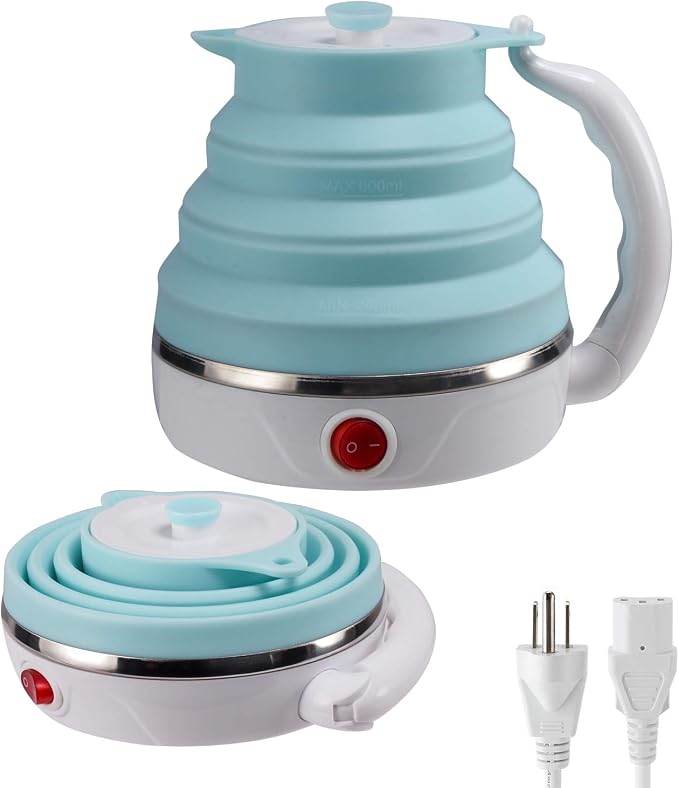 Travel Foldable Electric Kettle, Collapsible Electric Kettle Food Grade Silicone Small Pot Boiling water,Dual Voltage（600ml,110-220V US Plug） (Blue)