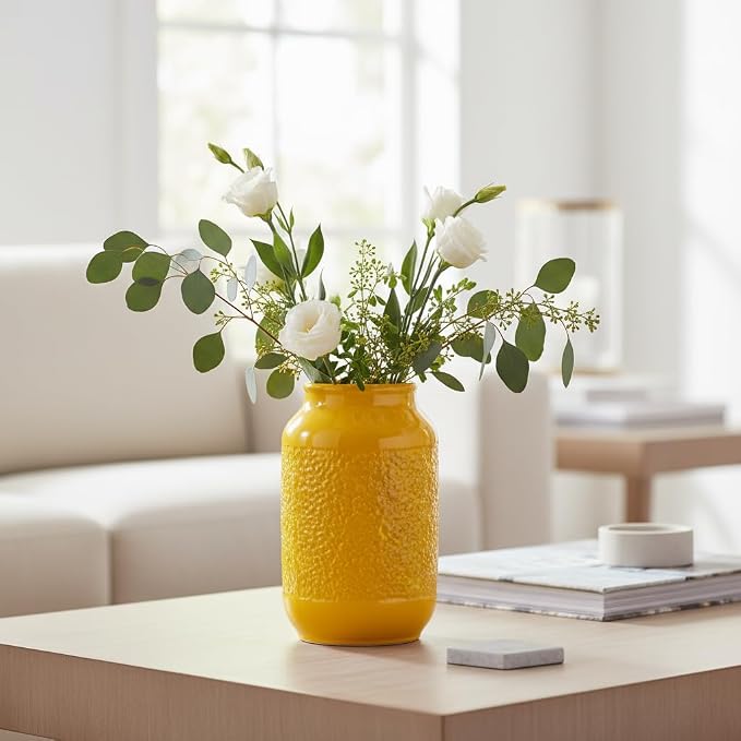 9 Inch Yellow Ceramic Vase for Flowers - Textured Mustard Round Cylinder Flower Vase - Modern Decorative Pottery - Boho Home Decor Centerpiece for Table, Bookshelf, Mantle, Fall Decoration