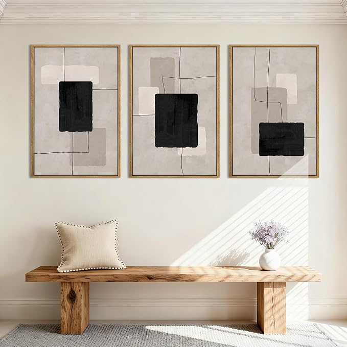 ANHUIB Modern Abstract Wall Art Canvas,Neutral Abstract Wall Art Framed,Contemporary Minimalist Prints,Geometric Line Artwork,3 Piece 16 * 24IN Mid Century Painting for Living Room Bedroom Office