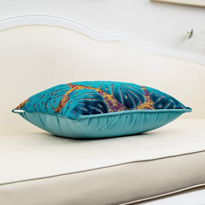 Alerfa 20 x 20 Inch Square Leaf Pillow Embroidery Cut Velvet Cushion Case Luxury Modern Lumbar Throw Pillow Cover Decorative Pillow for Couch Sofa Living Room Bedroom Car, Navy Blue