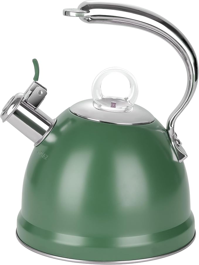 Harriet Tea Kettle Stovetop, 2.5 Quart Whistling Stainless Steel Tea Pot, 3-Layer Base, Unique Ergonomic Handle, Includes Pot Holder & Mat, Electric/Induction/Gas Stovetops Applicable, Green
