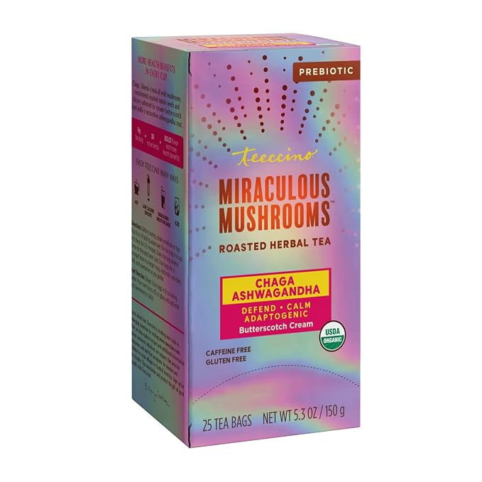 Teeccino Chaga Ashwagandha Tea - Butterscotch Cream - 25 Tea Bags - Organic Mushroom Adaptogenic Herbal Tea, 3x More Herbs than Regular TeaBags, Prebiotic, Caffeine Free, Gluten Free - (Pack of 3)