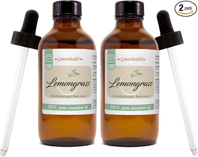 Lemongrass Essential Oil - 4 fl oz (Pack of 2) | 100% Pure & Therapeutic Grade | for Diffuser, Aromatherapy, Cleaning, DIY, Candles | Amber Glass Bottles with Droppers – GreenHealth