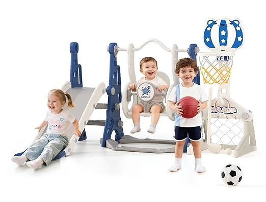 BIERUM Toddler Swing and Slide Set - 6 in 1 Baby Slide for Toddlers Age 1-2, with Basketball Hoop, Soccer and Golf Game, Indoor Outdoor Toddler Playset Blue