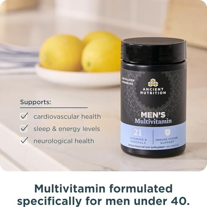Ancient Nutrition Multivitamin for Men, Multi Men's, Methylated Vitamin D, C, E, B12, Zinc, Magnesium, Supports Healthy Immune System and Bone Health, 90 Ct