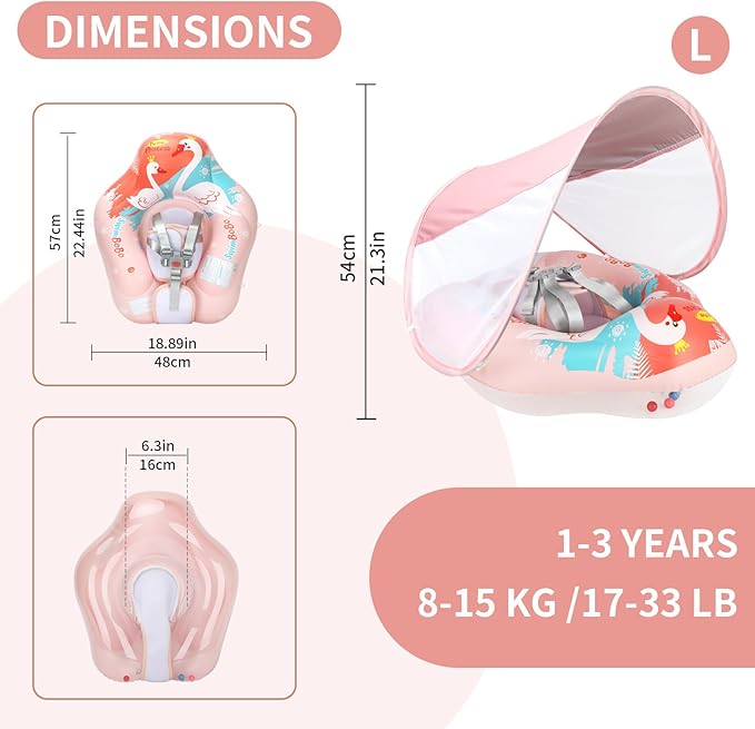Free Swimming Baby Inflatable Baby Swim Float with Sun Canopy Size Improved Infant Pool Floaties Swimming Pool Toys for The Age of 3-36 Months (Pink, Large)