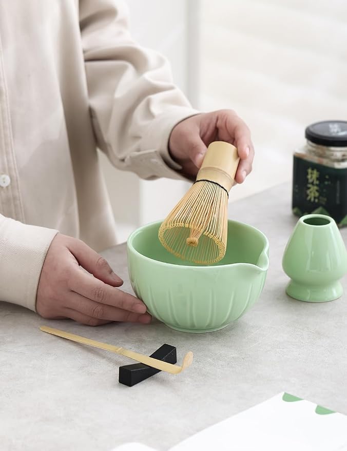 TANG PIN Matcha Set - Match Bowl and Whisk, 15 OZ, Matcha Scoop | Matcha Whisk Stand (Chasen Holder) - 5pc Perfect Matcha Kit for Matcha Tea Ceremony (Green)