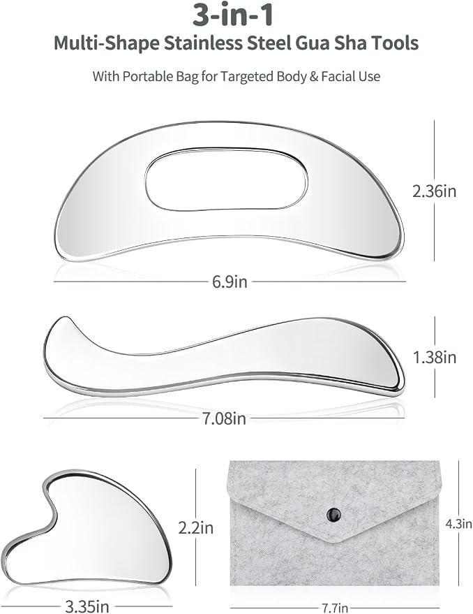3-in-1 Stainless Steel Gua Sha Massage Tool Set, Muscle Scraper & IASTM Tools for Soft Tissue Mobilization, Myofascial Release, Body Skin Massage, Physical Therapy Sore Muscle Relief with Travel Pouch
